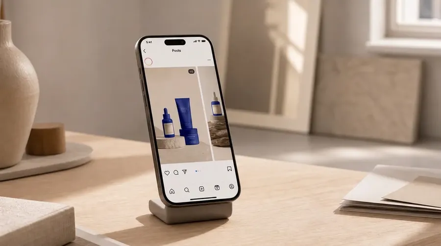 An iPhone on a desk stand showing an Instagram carousel post of a skincare serum, from a guide to creating Instagram carousel images with AI on getimg.ai. The phone displays swipeable product slides with blue serum bottles, set on a minimalist wooden desk beside a ceramic vase in soft daylight.