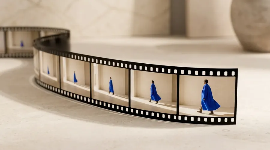 a single strip of cinematic film curling gracefully across a pale warm stone studio surface as the hero, several of its frames facing up and catching soft directional daylight, each visible frame showing the same cinematic scene a touch closer than the last so the strip itself reads as a slow camera push-in toward a lone figure in a flowing electric blue (#0966FF) coat, caught mid-stride as they cross a shaft of warm directional light in a grand, light-filled space, the blue coat is the one saturated accent, small and distant in the farthest frame and growing larger and more commanding frame by frame as the camera moves in, the only strong color against otherwise warm neutral cream and stone tones. The strip rests grounded on the surface with soft contact shadows so nothing floats, only the nearest frame held in crisp focus while the rest of the strip recedes into gentle out-of-focus depth, generous negative space, shallow depth of field, calm premium editorial feel, generated on getimg.ai to illustrate a guide to camera movements that can make an AI video look cinematic