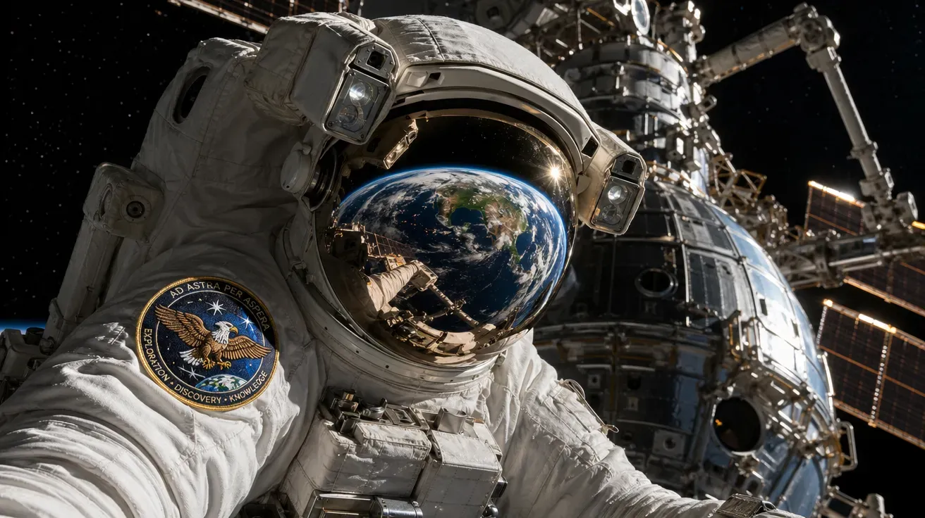 AI stock space image of an astronaut on EVA with a custom mission patch and visor reflecting an Earth-like world.