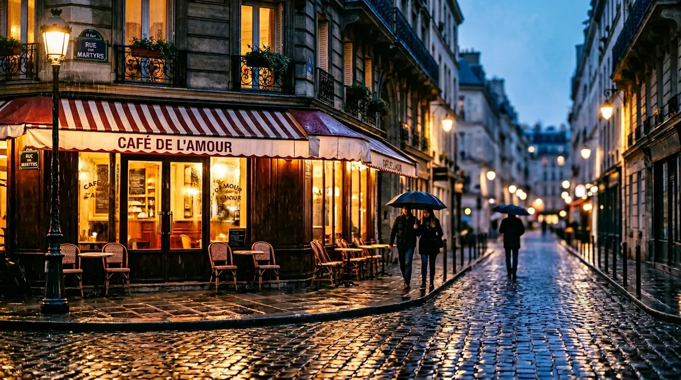 Rainy Paris café street glowing at blue hour AI-generated rain images.