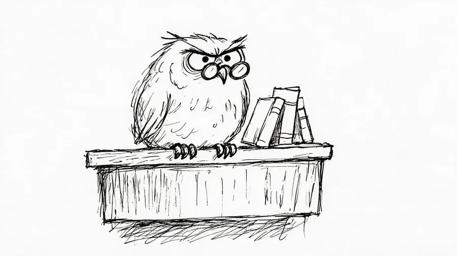 Black-and-white doodle of a grumpy owl in round glasses perched on a bookshelf, made with the getimg.ai AI doodle generator