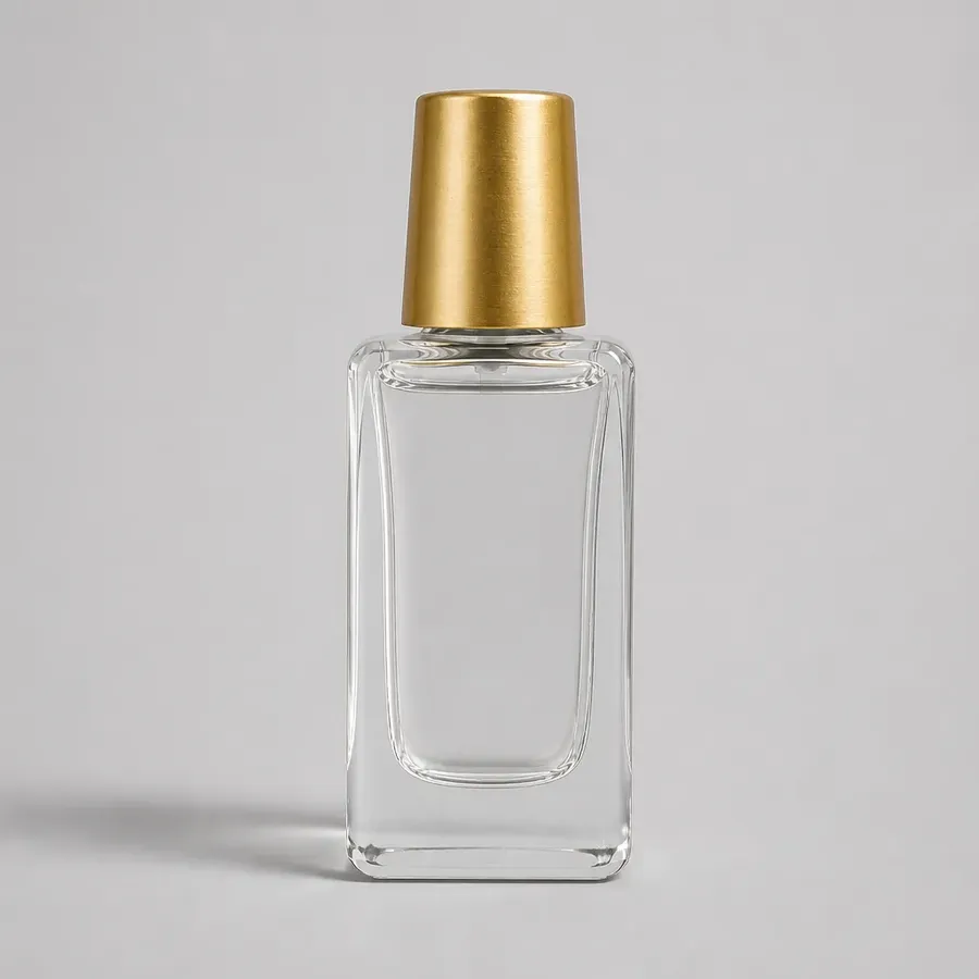 unbranded glass perfume bottle with a gold cap, product photo with light clearly coming from the left side of the bottle, but the shadow incorrectly falling to the left instead of the right, generated on getimg.ai