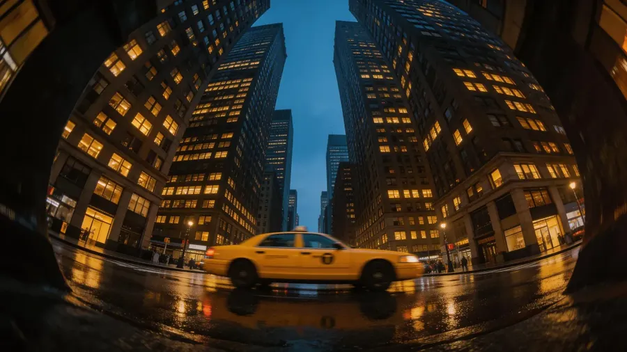 Fisheye night view of a yellow taxi on a wet city street framed by glowing skyscrapers, created with the getimg.ai AI image generator.