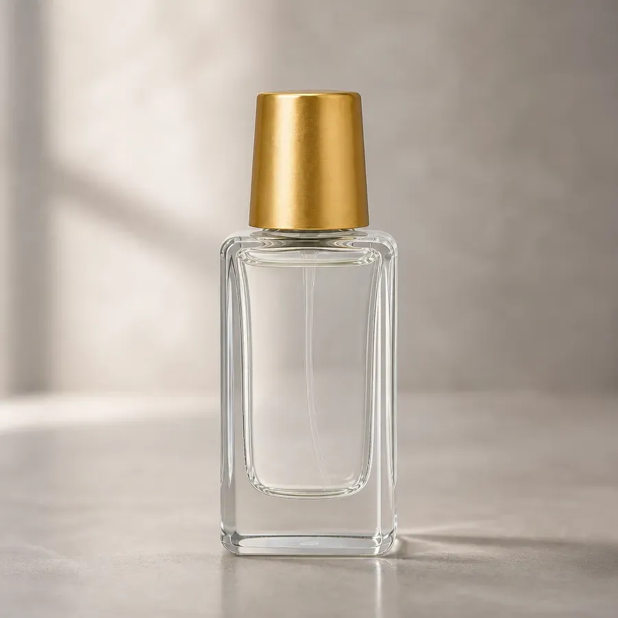 unbranded glass perfume bottle with a gold cap, photographed from product level with a medium telephoto lens, natural perspective, shallow depth of field with the product sharp and the background softly blurred but still recognizable, realistic photographic feel, generated on getimg.ai