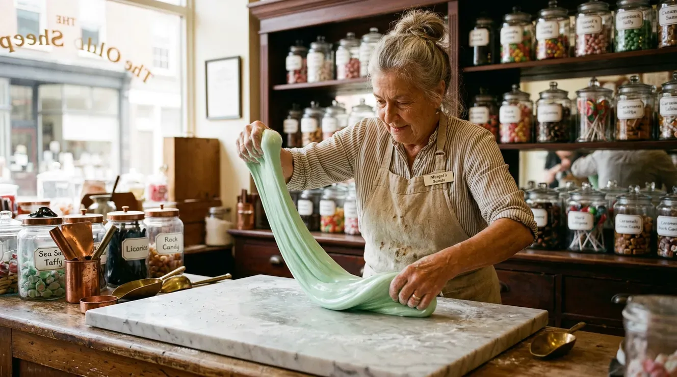 Confectioner pulling saltwater taffy on a marble slab in a Boardwalk shop, AI stock candy image.