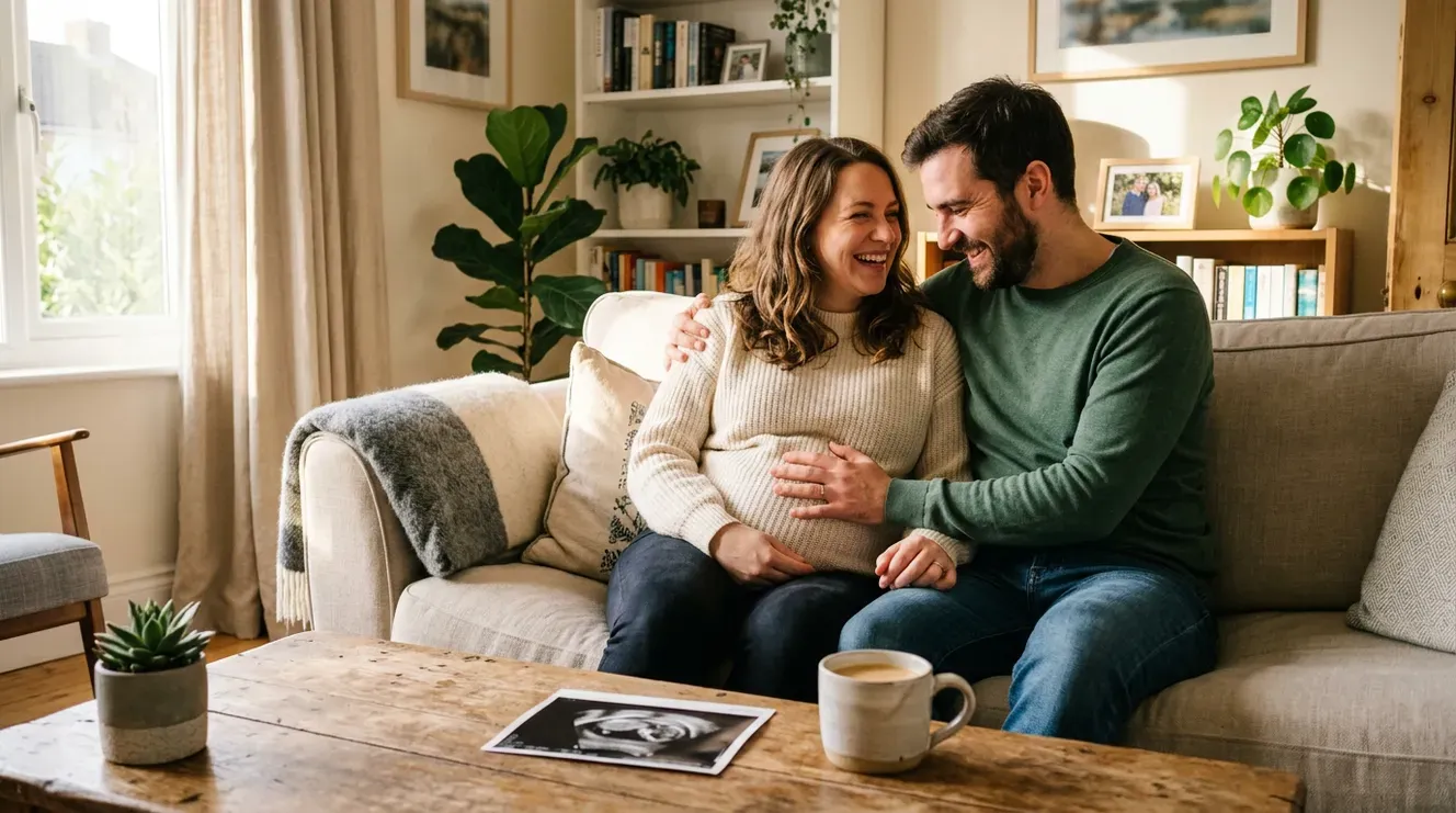 AI couples image: an expecting couple sharing a 32-week ultrasound photo on a couch at home.