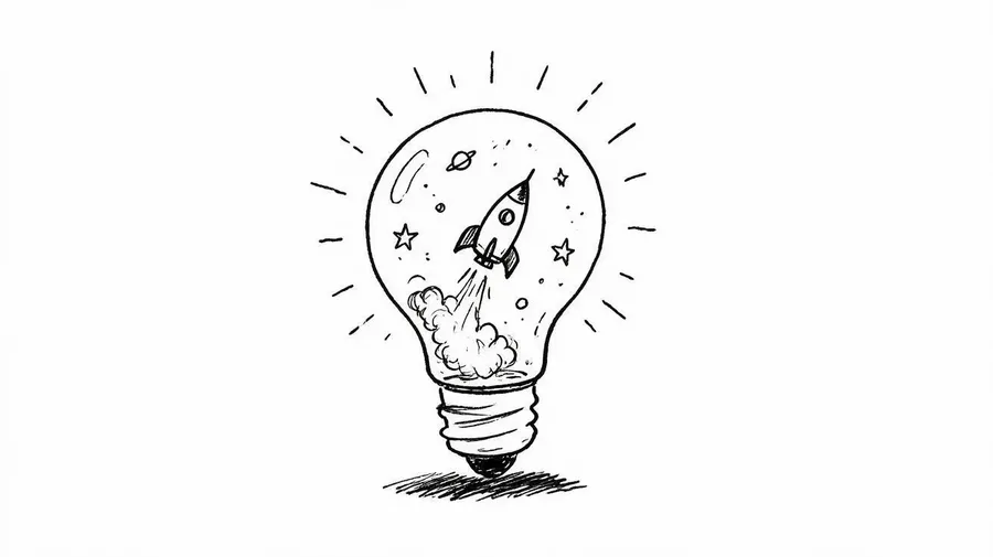 Doodle of a lightbulb with a rocket blasting off among stars inside it, created with the getimg.ai AI doodle generator
