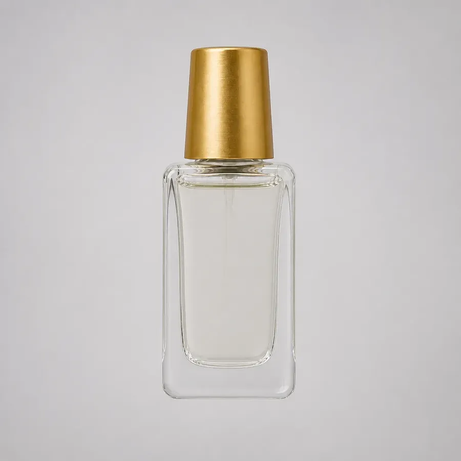 unbranded glass perfume bottle with a gold cap, product photo with no shadow beneath it at all, bottle appears to float slightly above the surface, disconnected from the ground plane, generated on getimg.ai
