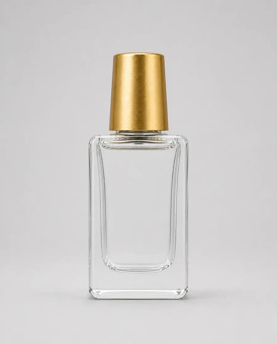 Unbranded glass perfume bottle with a gold cap, ultra-polished studio product photo, perfectly symmetrical composition, flawless mirror-like reflections, impossibly clean surface, artificial CGI-like sheen, AI image generated on getimg.ai