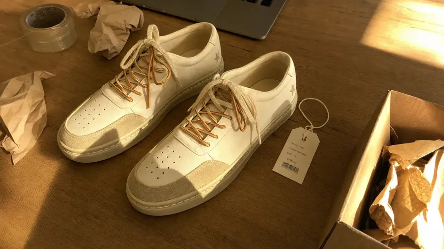 Phone snapshot of white canvas sneakers