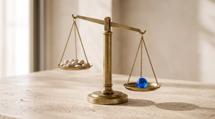 a close, intentional still life of a small brass two-pan balance scale centered on a warm cream stone tabletop at a three quarter angle in soft directional daylight, the scale filling much of the frame, the left pan holds a loose cluster of pale neutral pebbles while the right pan holds a single marble and sits slightly lower, tipping the beam gently toward it, AI image generated on getimg.ai, illustrating a getimg.ai vs leonardo.ai comparison
