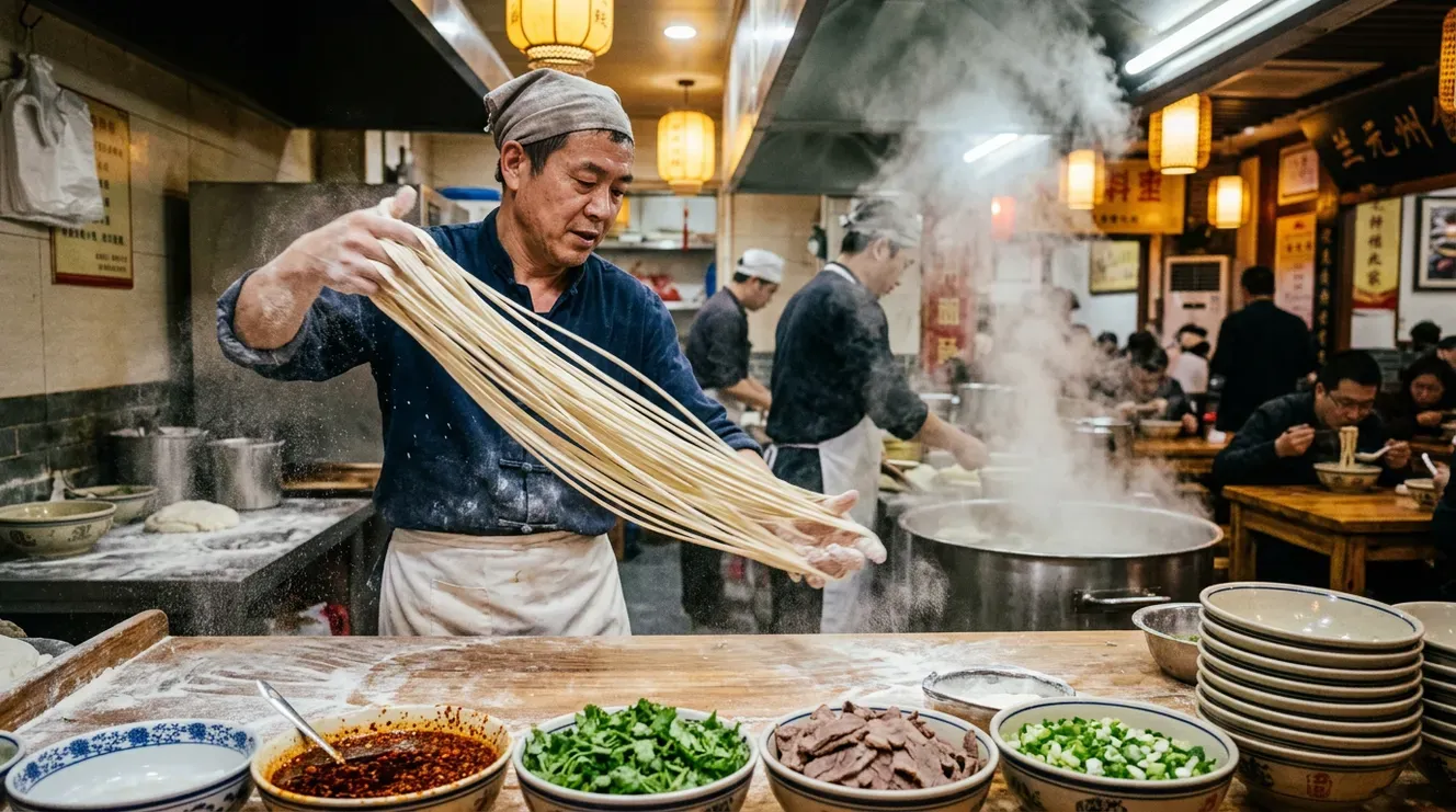 Chef hand-pulling noodles in a Lanzhou beef noodle shop, AI stock cooking picture.