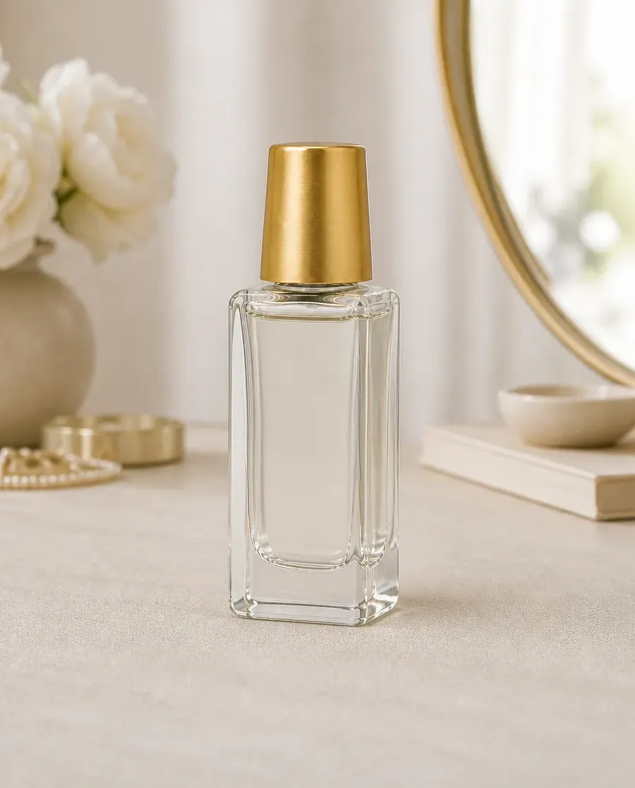 unbranded glass perfume bottle with a gold cap, placed on a natural wood or linen surface in a softly lit bedroom/vanity setting, a subtle contact shadow directly beneath the bottle that softens and fades further from the base, product feels physically grounded on the surface, warm natural daylight, lifestyle product photography, created on getimg.ai