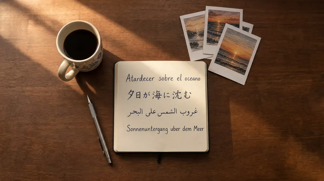 Overhead flat-lay of a designer's desk with a notebook of handwritten prompts in Spanish, Japanese, Arabic and German