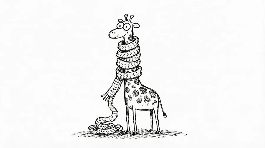 Hand-drawn doodle of a giraffe wearing a long scarf wound around its neck, generated with the getimg.ai AI doodle generator