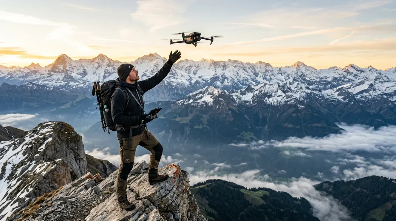 Drone-survey pilot launching a drone from a mountain ridge, AI stock technology image.