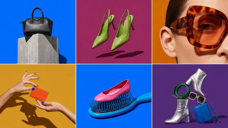 a 6-image grid (3 columns by 2 rows) for one fictional accessories brand (bags, shoes, eyewear), all six in a single bold campaign-surrealism art direction, each shot on a solid, saturated single-color seamless backdrop, with the brand's electric blue (#0966FF) as the recurring signature hue across two or three tiles and complementary saturated tones on the rest; one hero subject per shot staged large and deliberate or at a playful, unexpected scale; hard directional light with crisp defined shadows; glossy, precise, strongly graphic compositio a handbag on a colossal plinth, a pair of shoes floating with a hard cast shadow, a tight cropped sunglasses close-up, a model's hands presenting a small accessory, an oversized everyday object paired with the product for scale play, and a sculptural stack of products as a still life, premium campaign quality, photographic, generated with AI on getimg.ai