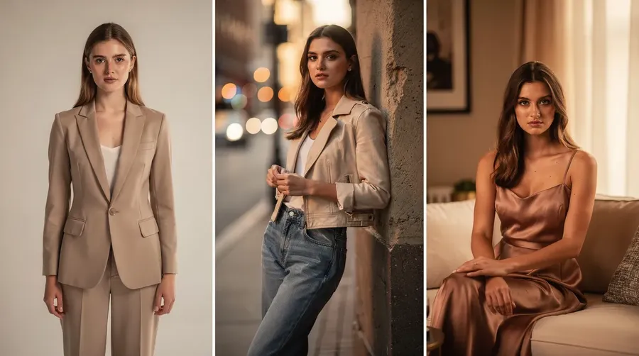 Set of portraits of the same woman in different scenes