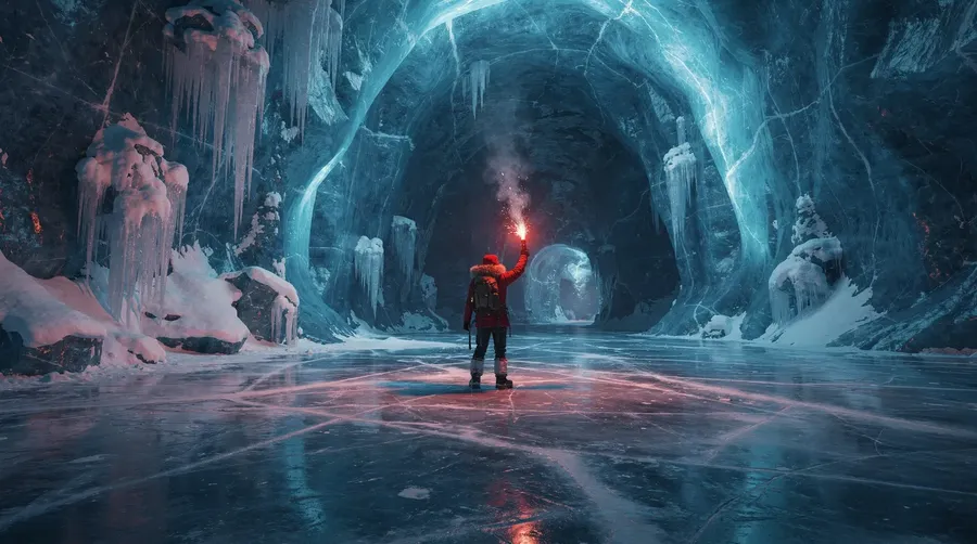 Cinematic scene of a person in red raising a burning flare inside a glowing blue ice cave, created with the getimg.ai AI image generator.