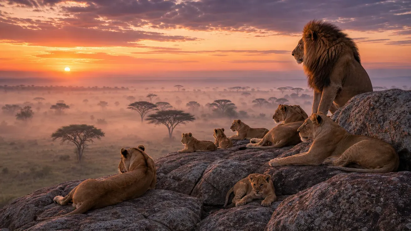 Serengeti lion pride at dawn on a rocky kopje with morning mist over savanna, AI-generated stock lion image.