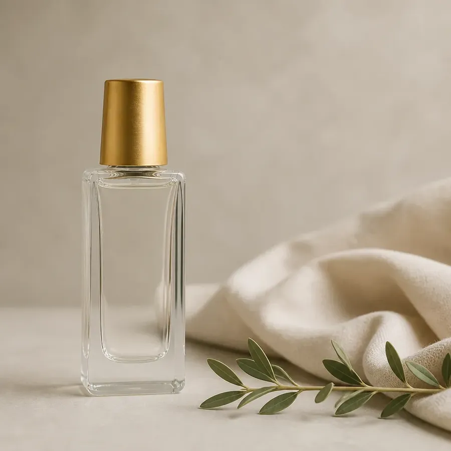 unbranded glass perfume bottle with a gold cap, positioned  off-center in the frame (put the product in the left side on the frame), a small prop entering naturally from the edge of the frame, soft draped fabric with natural uneven folds nearby, composition feels intentional but not mathematically perfect, realistic lifestyle product photography, 4:5, generated on getimg.ai