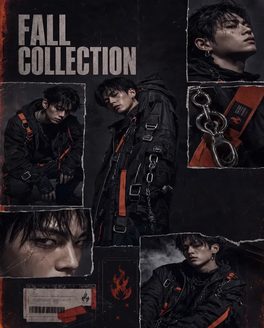 image generated on getimg.ai, marketing/social media image advertising a fall collection of a dark Y2K aesthetics brand, showing a model in dark and red clothing from various angles