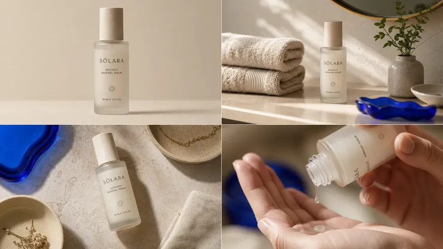 2x2 grid of four equal cells that fills the frame edge to edge: (1) a straight-on studio pack shot, the bottle alone and centered on a clean seamless backdrop; (2) an angled lifestyle scene, the bottle on a sunlit bathroom shelf with folded towels and a small plant; (3) a top-down overhead flat-lay, the bottle among a few complementary props on a textured stone surface; (4) a close in-use shot, a hand holding the bottle or catching a drop, tight crop, premium editorial quality, photographic, AI generated on getimg.ai