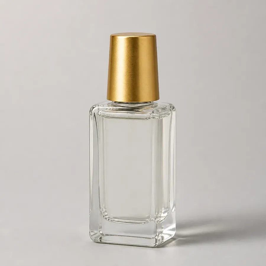 unbranded glass perfume bottle with a gold cap, soft daylight entering from the left, creating a natural consistent shadow falling to the right, reflections on the glass matching the same light direction, background lighting consistent with the product lighting, cohesive single-environment feel, generated by getimg.ai