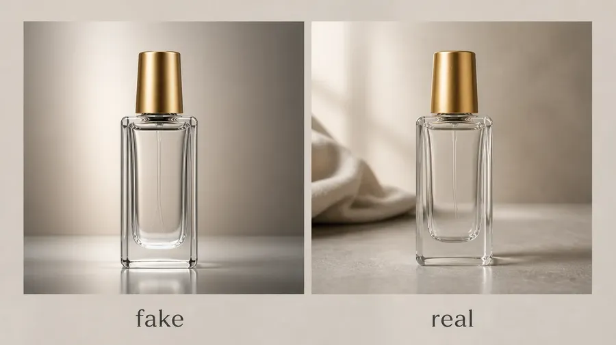 clean before/after comparison board, one clearly fake overly polished product photo on the left labeled "fake," one realistic natural product photo on the right labeled "real," same unbranded glass perfume bottle with gold cap in both, neutral background for the board itself, clean modern typography space, high contrast, premium editorial layout, 16:9, generated on getimg.ai