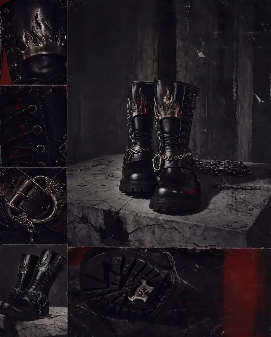 image generated on getimg.ai, marketing/social media image showing heavy black boots with steel accents, close-ups on shoe details