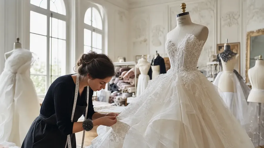 Seamstress pinning hem on a couture gown in a Parisian atelier — AI-generated fashion image.