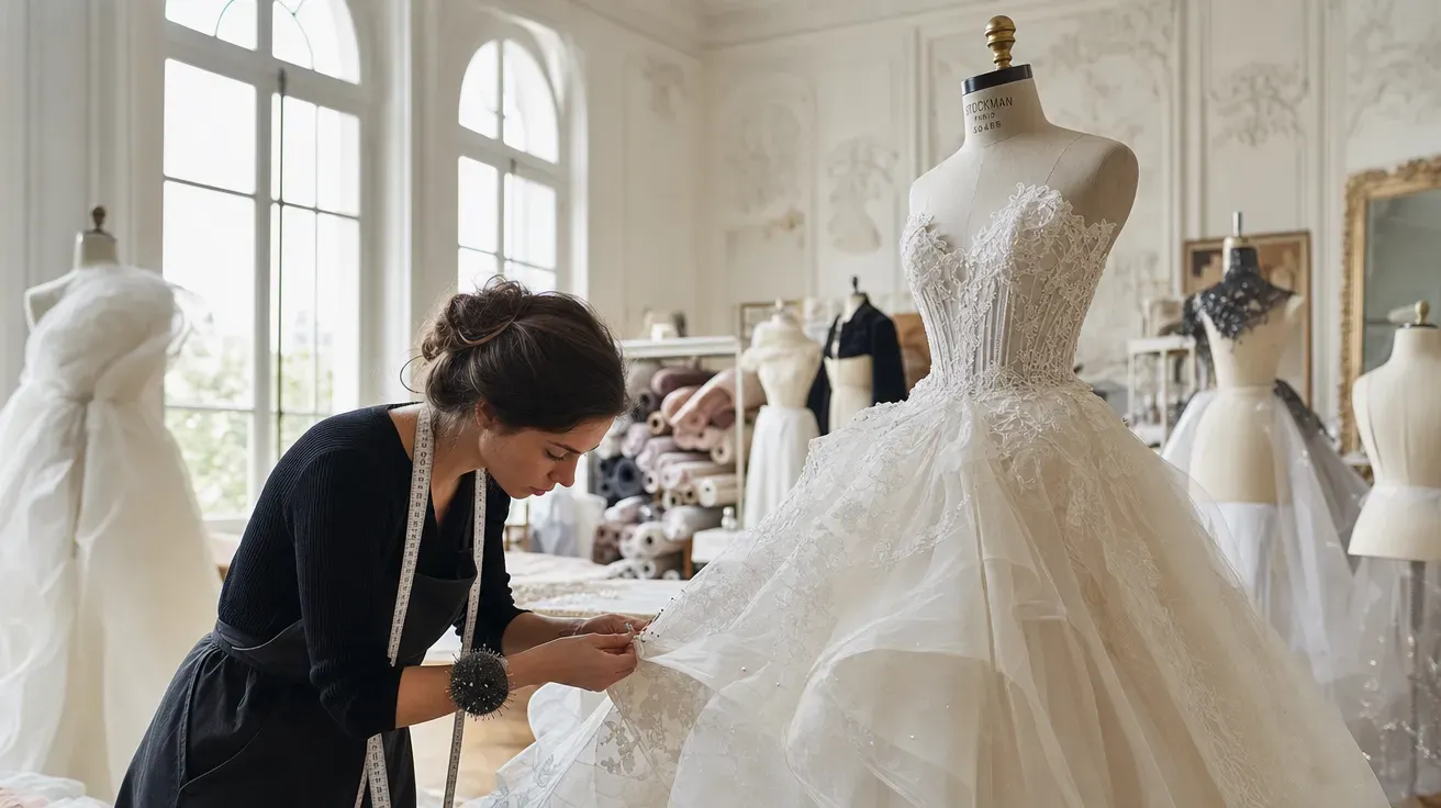 Seamstress pinning hem on a couture gown in a Parisian atelier — AI-generated fashion image.