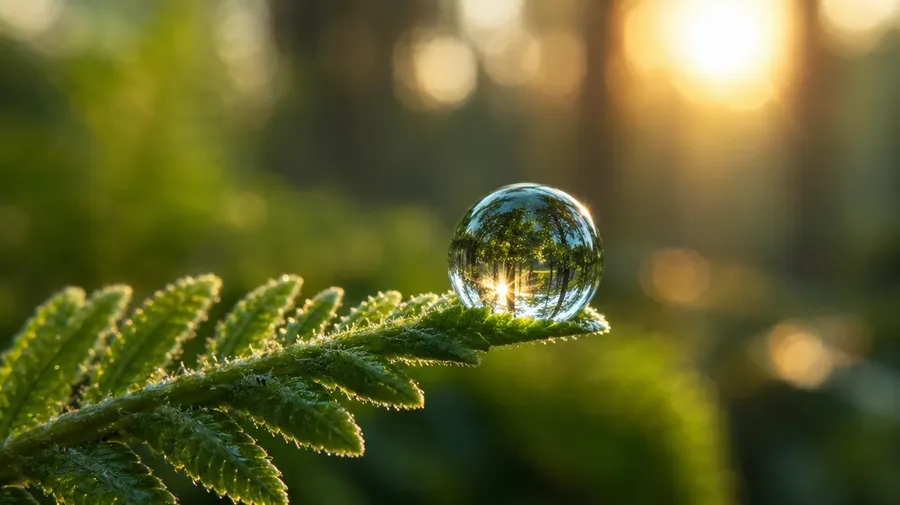 AI-generated stock macro photo of a single dewdrop on a fern frond at sunrise, refracting the surrounding forest