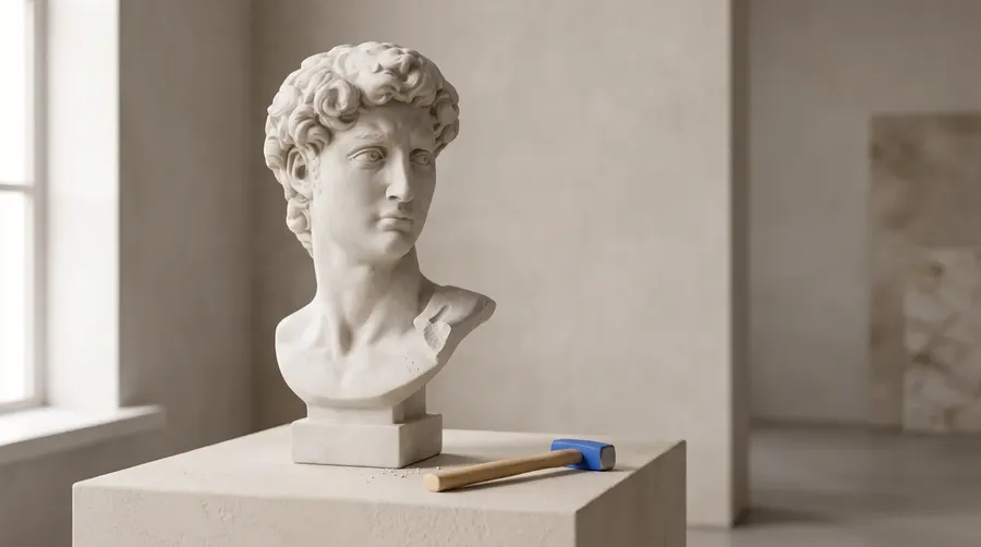 a single classical white marble bust of a man on a warm plaster plinth, lit like a premium editorial still life and shot from a low three-quarter angle, resting on the surface in front of it lies a small modern hammer with a muted electric-blue top, ai image generated on getimg.ai, illustrating busting myths about image generation for businesses