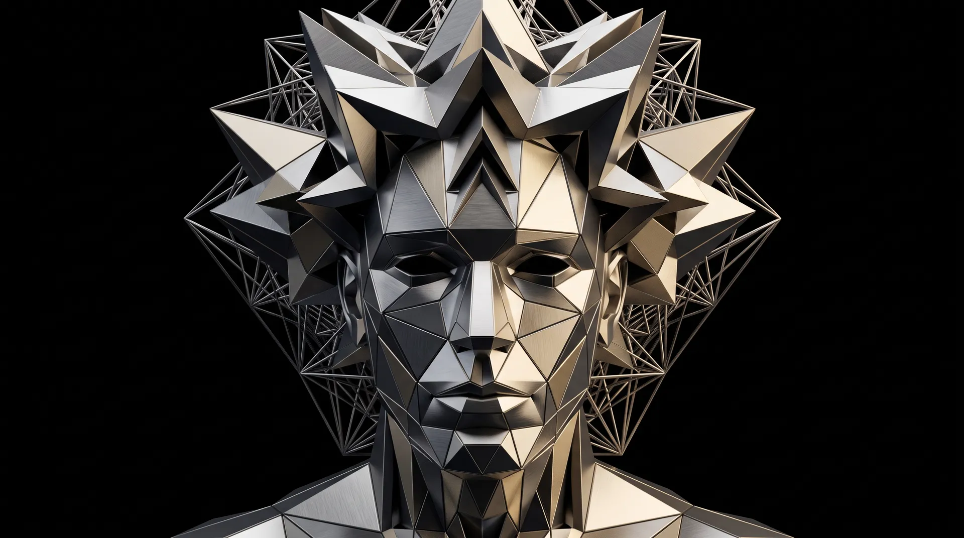 Geometric low-poly avatar of a face built from faceted silver and gold triangles on black, created on getimg.ai