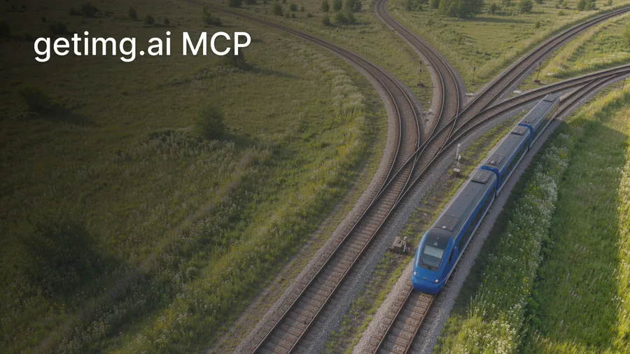 A beautiful, highly realistic aerial editorial photograph of a railway junction set within an expansive, lush green meadow in late spring. Several elegant railway tracks approach from different directions, curving gently through the landscape before converging into a single route through a physically believable set of railway switches. A sleek, modern cobalt-blue passenger train is traveling through the junction, positioned in the lower-right portion of the frame. Cover image for a changelog entry about getimg.ai MCP server. Generated on getimg.ai.
