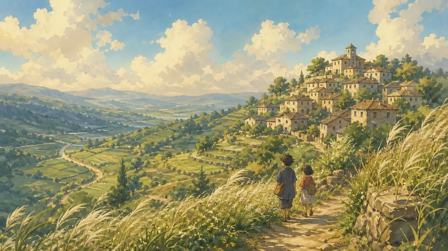 Hand-painted anime-style valley village at golden hour with painted clouds and atmospheric haze.