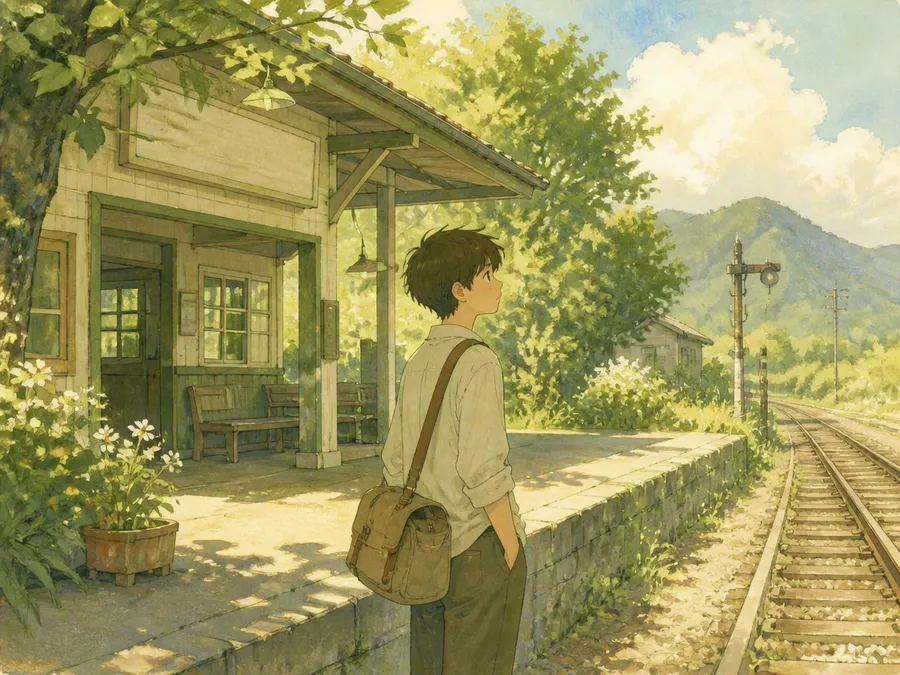 Hand-painted anime-style traveler beside a countryside train station in warm afternoon light.