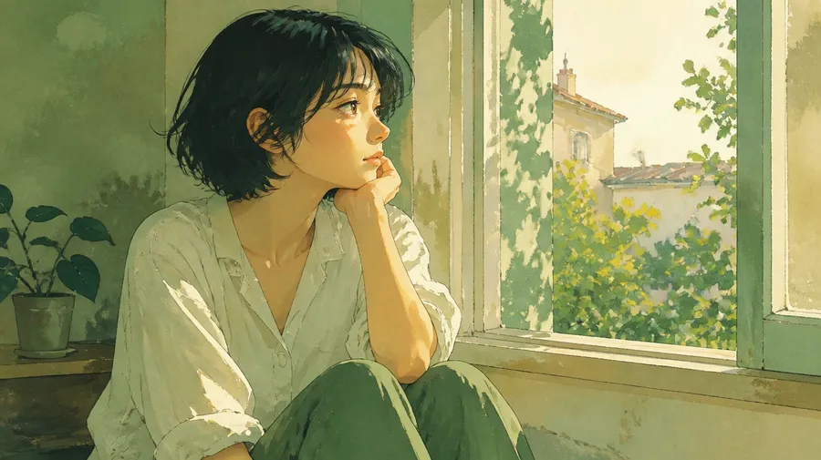 Hand-painted anime-style portrait of a young woman by an open window in warm afternoon light.