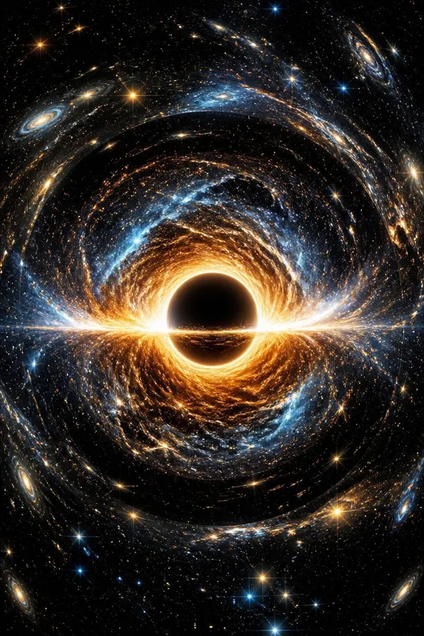 A black hole with a glowing orange accretion disk surrounded by swirling galaxies and stars, echoing the round pupil of an eye as the second state in a match-cut AI image transition. Example for the Image transition Action on getimg.ai.