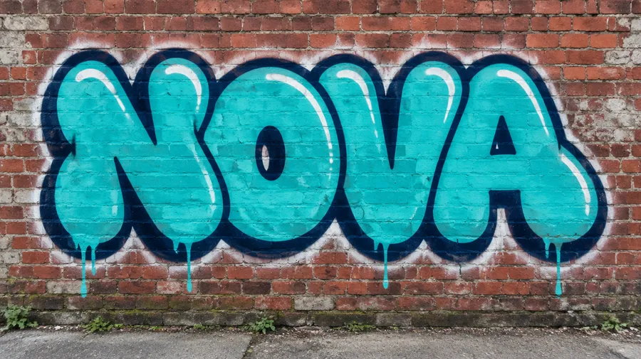 Bubble-letter graffiti spelling NOVA in turquoise with drips on red brick
