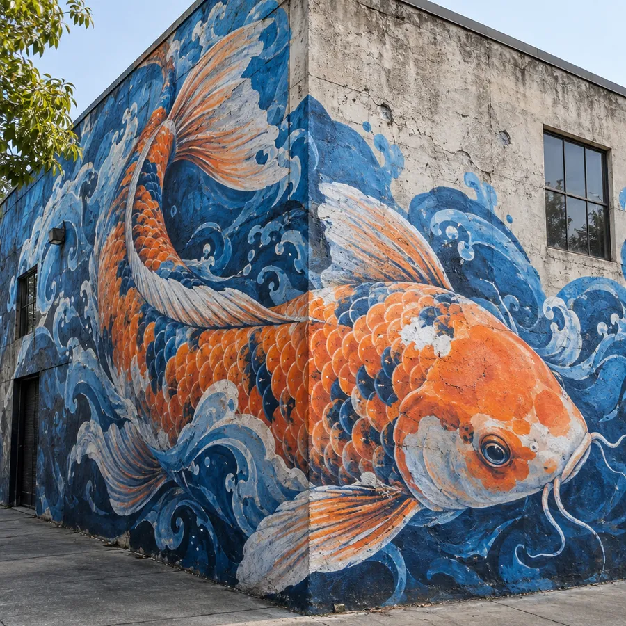 Photorealistic koi fish mural wrapping around a concrete building corner