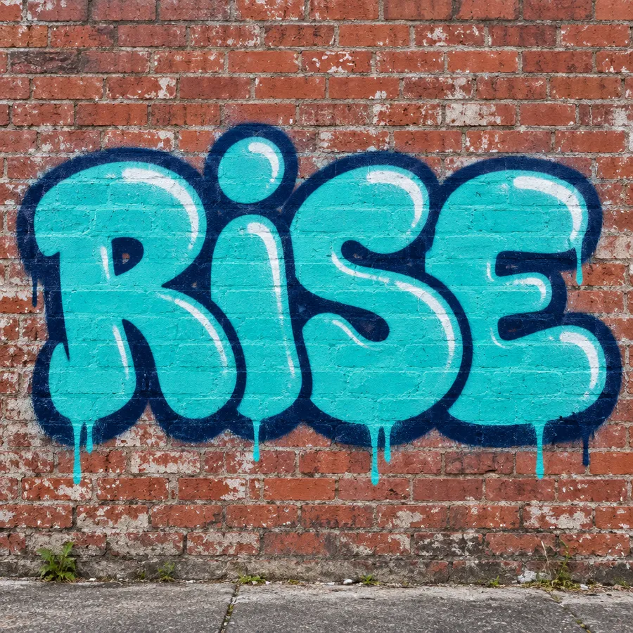 Bubble-letter graffiti spelling RISE in turquoise on weathered red brick
