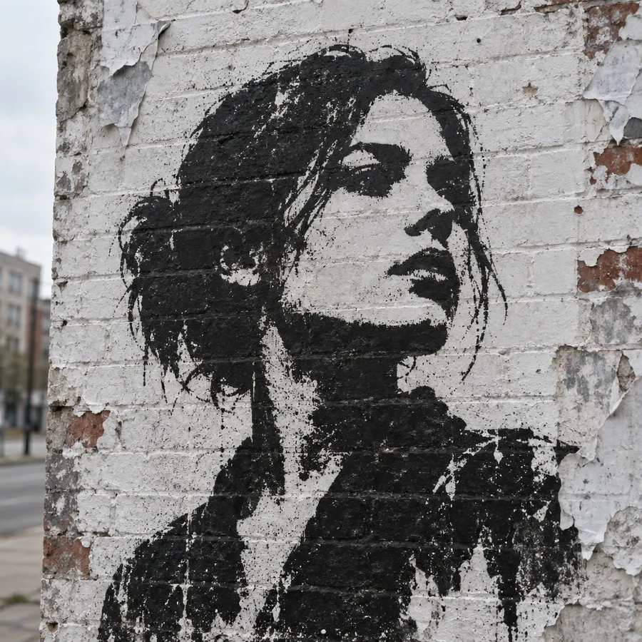 Black stencil portrait street art on a weathered white brick wall
