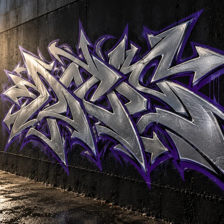 Wildstyle graffiti with interlocking chrome letterforms on a dark concrete wall