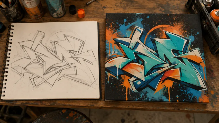 Pencil sketch of letter outlines next to a spray-painted canvas panel