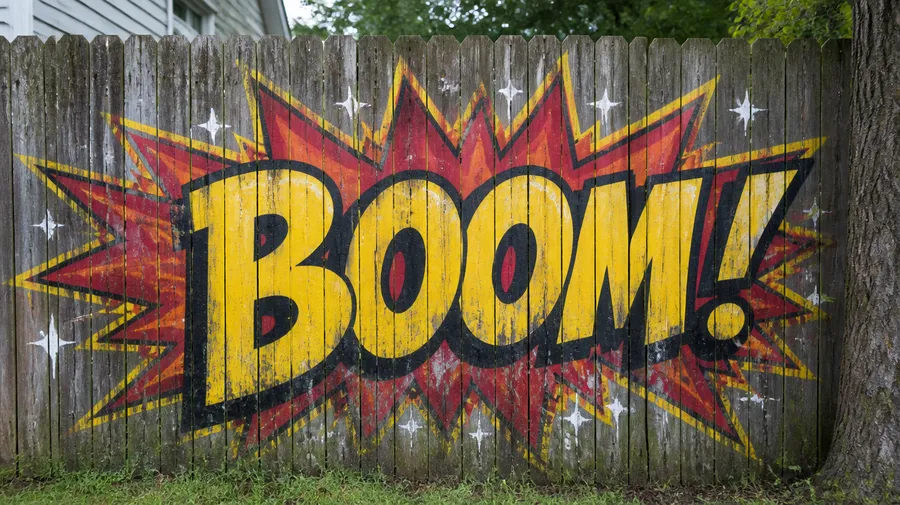 Comic-style BOOM! graffiti in a yellow-and-red explosion burst on a wooden backyard fence, made with getimg.ai's AI graffiti generator