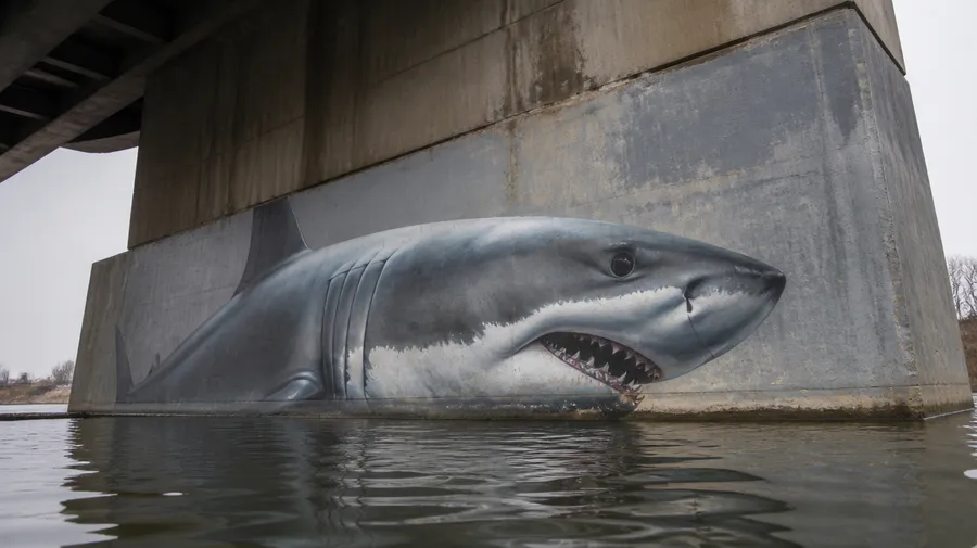 Hyperrealistic mural of a great white shark swimming out of a bridge pier above water, generated using getimg.ai