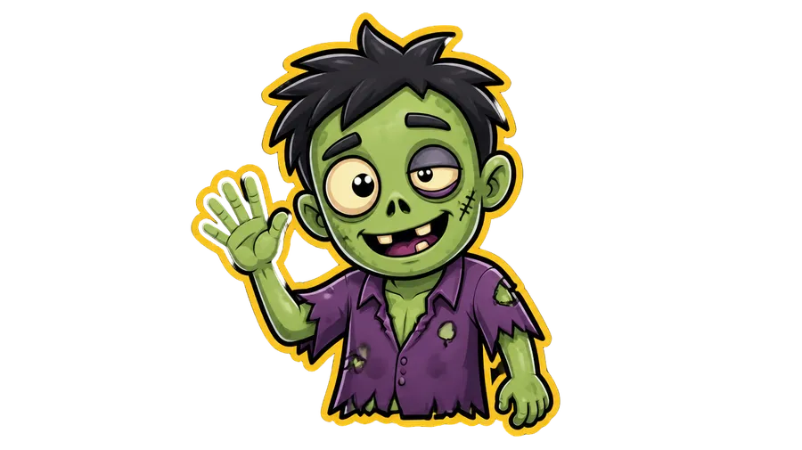 Custom emoji of a friendly green cartoon zombie in a purple shirt waving hello, in a bold-outline sticker style. A waving zombie emoji generated with getimg.ai's AI emoji maker.