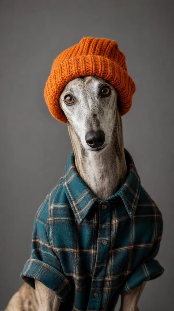 Slender greyhound in orange knit beanie and blue-green plaid shirt, clean studio backdrop, quirky posture, editorial pet styling, charming indie fashion campaign.